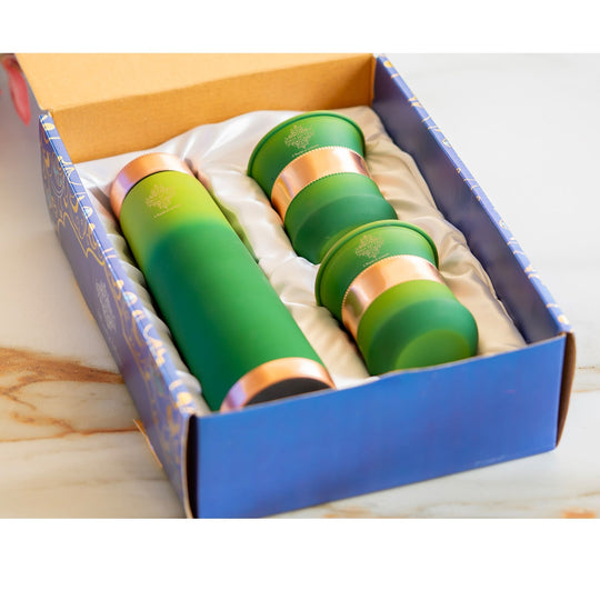 Green pyramid copper bottle and glasses set with lacquered ombre finish, handcrafted by Indian Art Villa artisans.