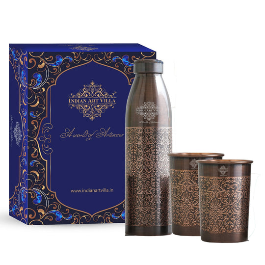 Pure Copper Antique Finished Embossed Design Bottle With Glass Set