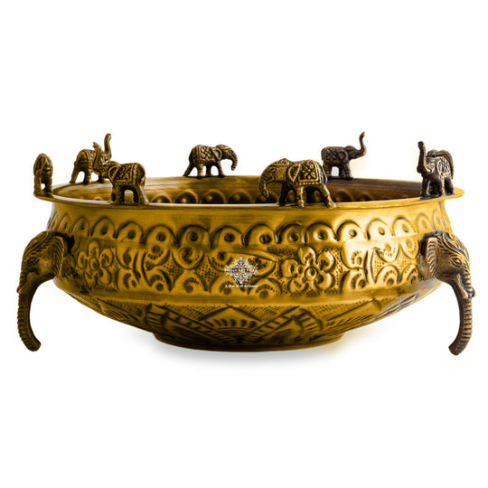 Brass Urli with Elephant Trunk Design -Antique Embossed