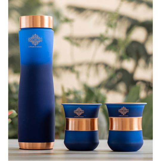 Premium blue tambe ka bottle set with glasses in smooth matte finish by Indian Art Villa