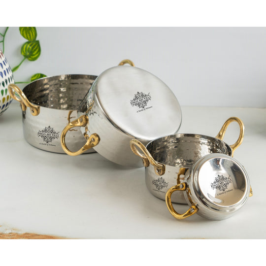 Stainless Steel Serving Bowl with Brass Handles, Hammered Design, Ideal Small Serving Bowl for Curry, Dal and Sides – Elegant Tableware for Home &amp; Restaurant Use