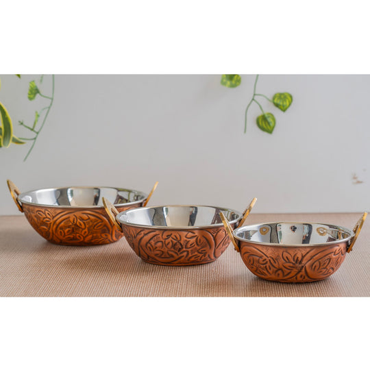 Steel copper embossed serveware kadhai with traditional finish