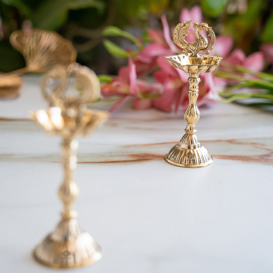 Brass Pillar Diya Set of 2 - Standing Oil Lamps