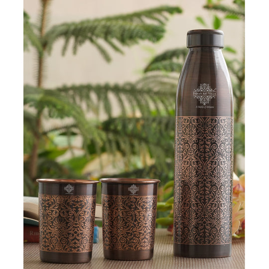 Pure Copper Antique Finished Embossed Design Bottle With Glass Set