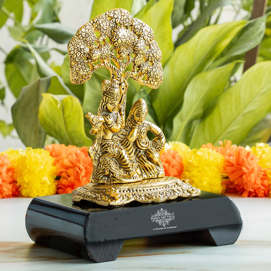 Brass Finish Radha Krishna Murti with Wooden Base