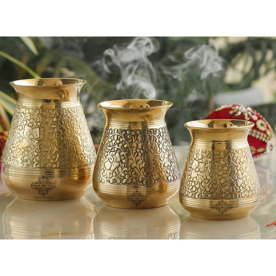 Pure brass glass Parsi Lota embossed design spiritual item full view — Indian Art Villa
