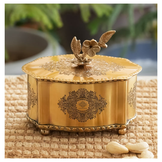 Royal Brass Dry Fruit Box with Floral Lid – Handcrafted Elegance |  Brass Decorative Box