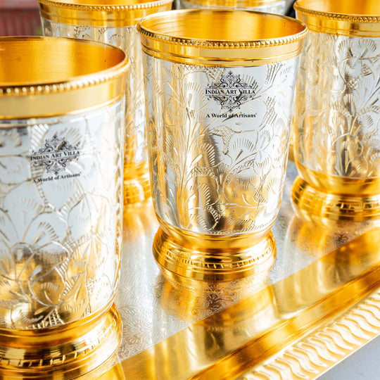 Handcrafted Pure Silver Plated Gold Polished 6 Glass with 1 Tray