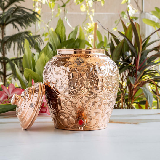 Pure Copper Water Pot, Embossed Design, Dispenser Pot Matka, Storage water, Gold
