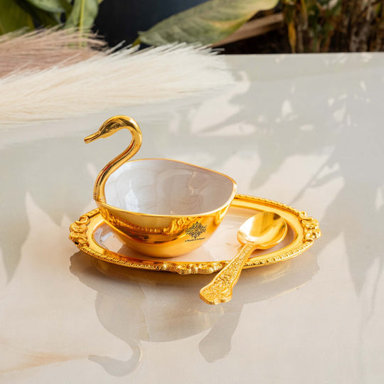 Pure Gold Polish Ceramic Finish Duck Design Bowl with 1 Tray & 1 Spoon