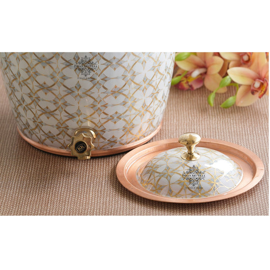 Handcrafted Pure Copper Water Pot with Gold Print Design, Ayurveda Water Vessel, 10 Ltr.