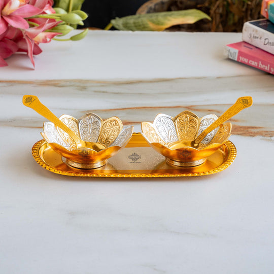 Silver Plated Gold Polished Lotus Design Set of 2 Bowl with 2 Spoon & 1 Tray, Diwali Festive Gifts Item