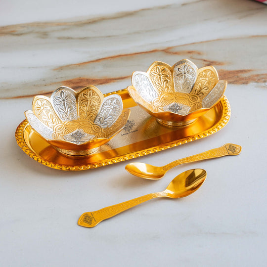 Silver Plated Gold Polished Lotus Design Set of 2 Bowl with 2 Spoon & 1 Tray, Diwali Festive Gifts Item