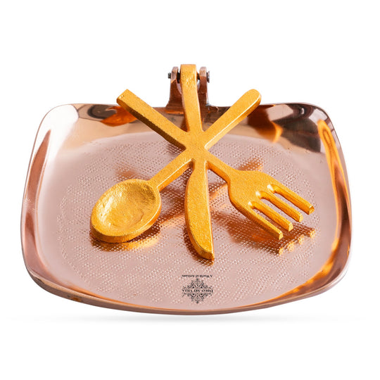 Brass and Copper Finish Napkin Holder with Golden Cutlery Design – Elegant Table Accessory for Dining, Kitchen, Office, and Gifting