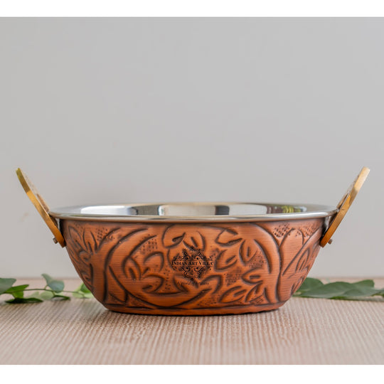 Steel copper embossed antique dark tone kadhai serveware