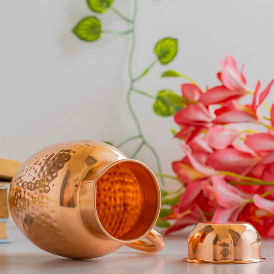 Handmade Copper Jug 600ML Indian Art Villa Surai Style Ayurvedic Drinkware Hammered Water Pitcher