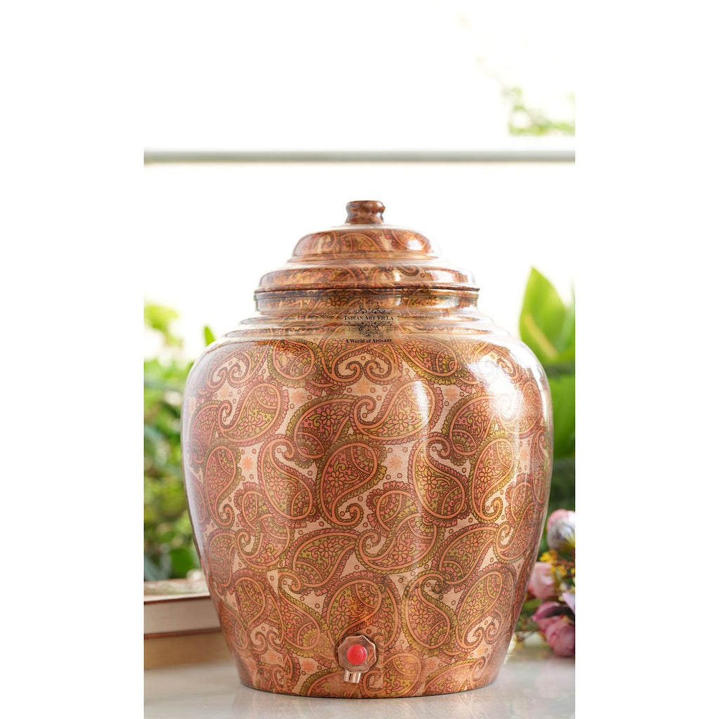 INDIAN ART VILLA Printed Paisely Design Copper Water Dispenser Pot Matka, Storage, Home Kitchen Garden