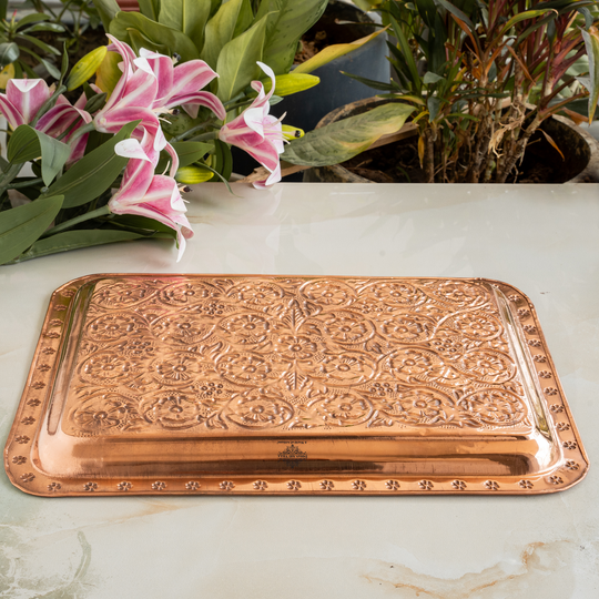 Pure Copper Engraved Flower Design Tray | Serving Tea Coffee Water Dishes | Home Hotel Restaurant Tableware