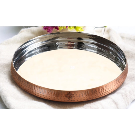 Steel Copper Thali Plate,  Antique Finish Hammered Curved Design