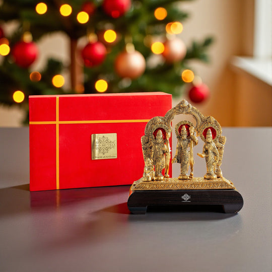 Brass Finish Ram Darbar Murti With wooden Base for Home Temple & Pooja Decor