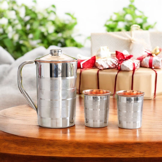 Luxury Fusion Steel-Copper Jug & Tumbler Set – Handmade 3-Piece Wellness Gift for Modern Ayurvedic Living