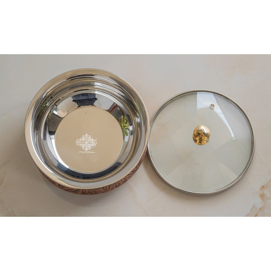 Copper handi 1500ML by Indian Art Villa blending intricate embossed artistry antique charm and a transparent glass lid