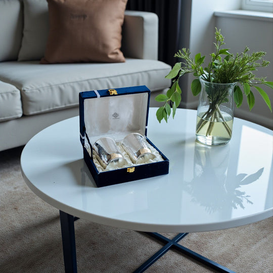 Embossed Designer Silver Plated Set of 2 Designer Glass With Blue Box