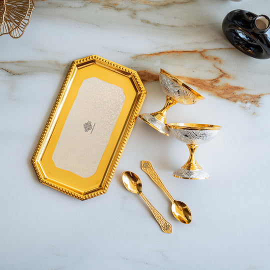Pure Silver Plated Gold Polished 2 Ice Cream Bowl with 2 spoon & 1 tray
