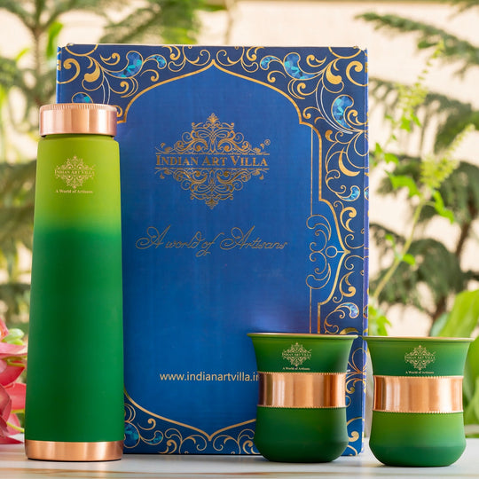 Green pyramid copper bottle and glasses set with lacquered ombre finish, handcrafted by Indian Art Villa artisans.