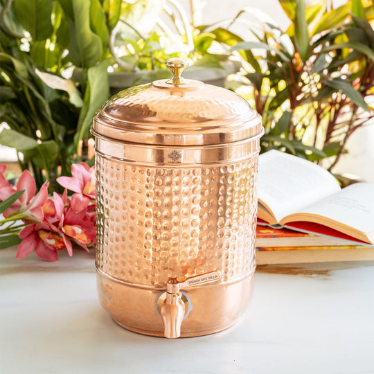 Handmade Pure Copper Hammered Water Dispenser Pot with Brass Knob