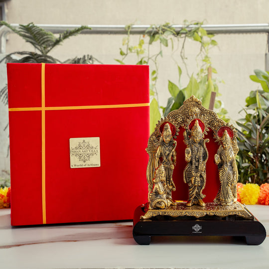 Brass Finish Ram Darbar Murti with Wooden Base for Home Temple