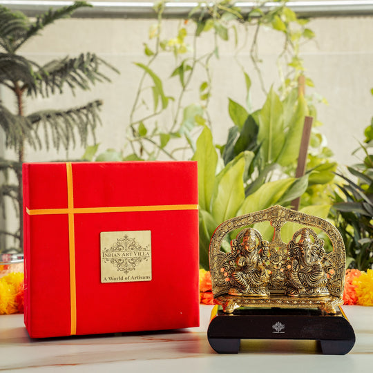 Brass Finish Ganesh Ji With  Laxmi JI Murti with Wooden Base