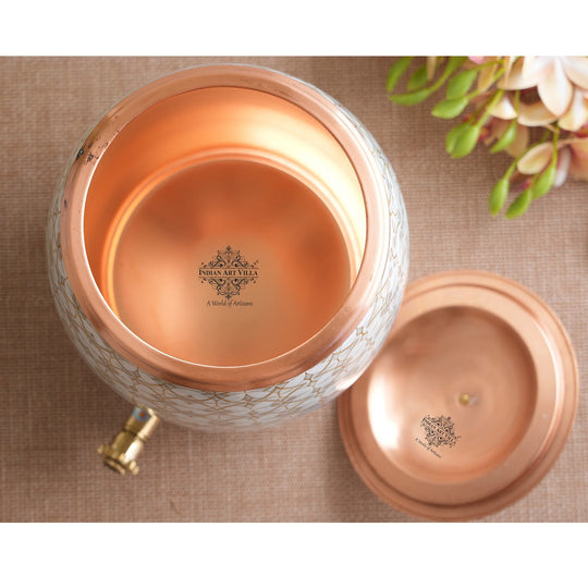 Handcrafted Pure Copper Water Pot with Gold Print Design, Ayurveda Water Vessel, 10 Ltr.