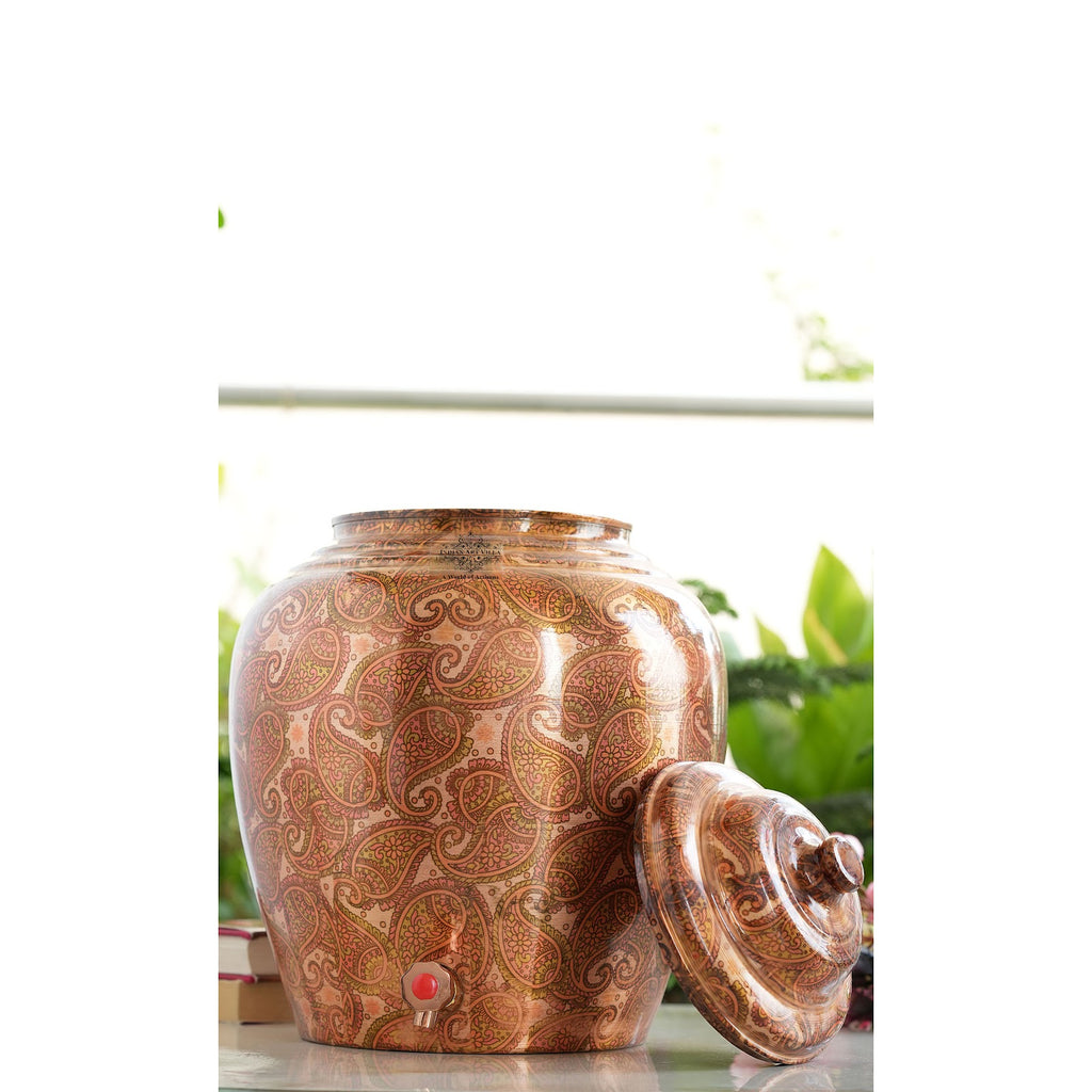 INDIAN ART VILLA Printed Paisely Design Copper Water Dispenser Pot Matka, Storage, Home Kitchen Garden