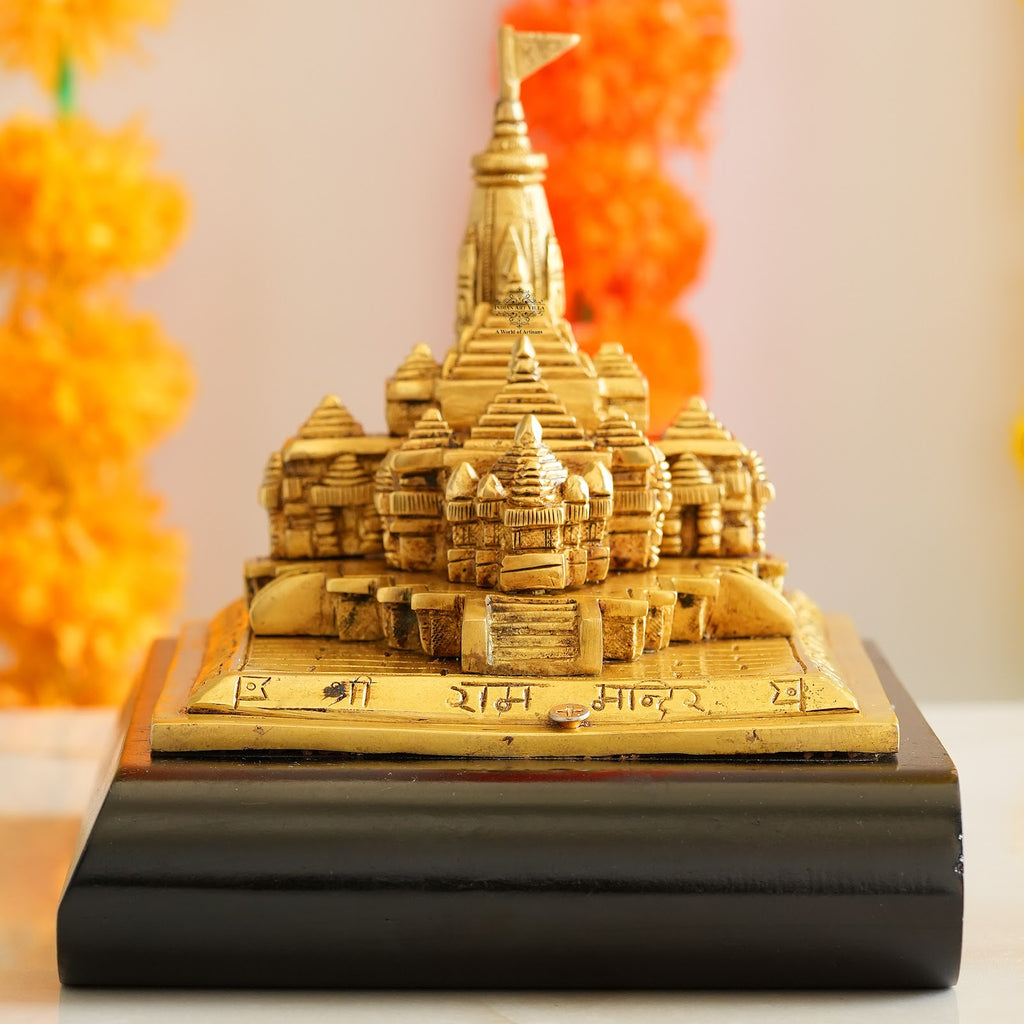Indian Art Villa Handcrafted Wooden Brass Ram Mandir/Temple, Ayodhya Model 3D Replica, Traditional, 6.5 Inch Width