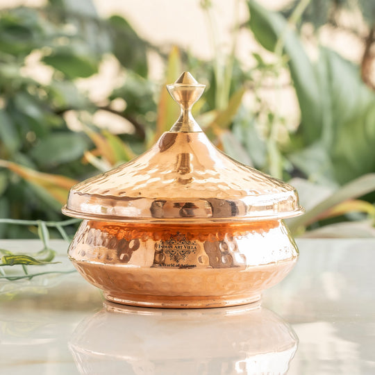 Indian Art Villa steel copper Mughlai handi with hammered artistry copper lid and brass knob offering true grace