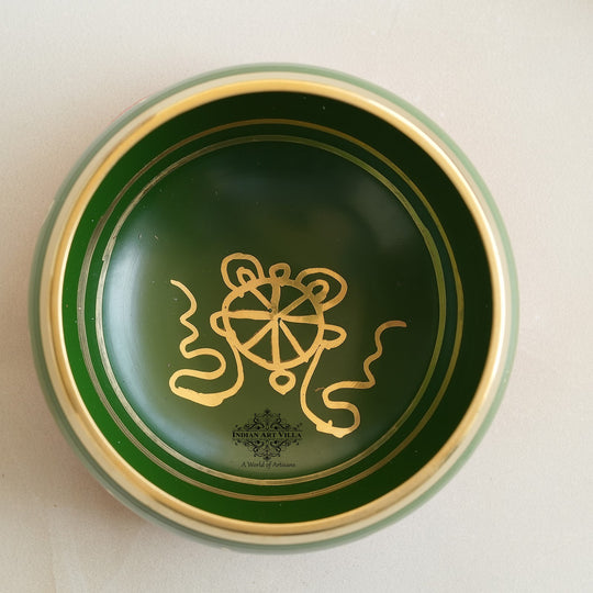 Indian Art Villa handcrafted green brass singing bowl with mantra design and cushion, ideal for meditation, healing.