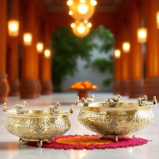 Brass Urli with Embossed Duck & Lotus Flower Design – Traditional Urli