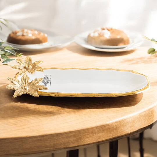 Brass Finish Oval Decorative Serving Plate with Flower