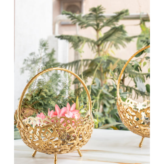 Brass Finish Decorative Hanging Basket with Cutwork
