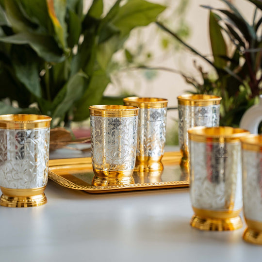 Handcrafted Pure Silver Plated Gold Polished 6 Glass with 1 Tray