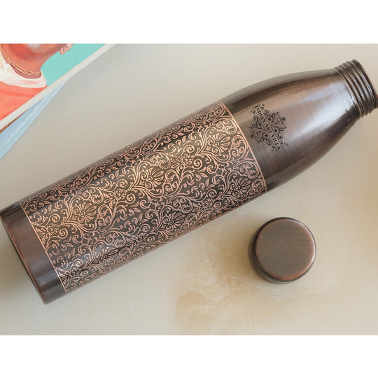 Pure Copper Bottle with Antique Dark Embossed Design, 900ml