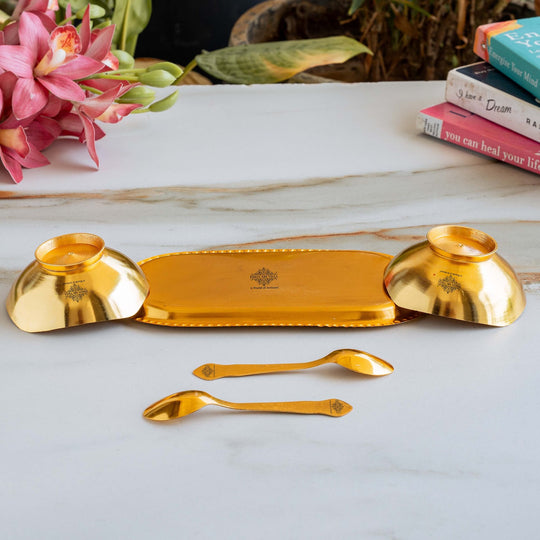 Pure Silver Gold Polished Embossed Flower Design Set of 2 Bowl with 2 Spoon & 1 Tray