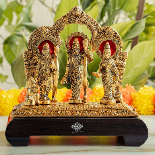 Brass Finish Ram Darbar Murti With wooden Base for Home Temple & Pooja Decor