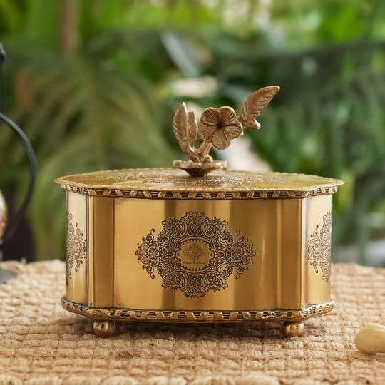 Royal Brass Dry Fruit Box with Floral Lid – Handcrafted Elegance |  Brass Decorative Box