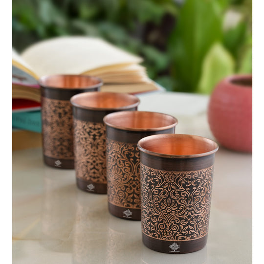 Pure Copper Glass With Handcrafted Embossed Design 275 ML