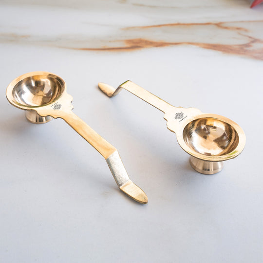 Brass Golchy Aarti Diya Set of 2 with Long Handle