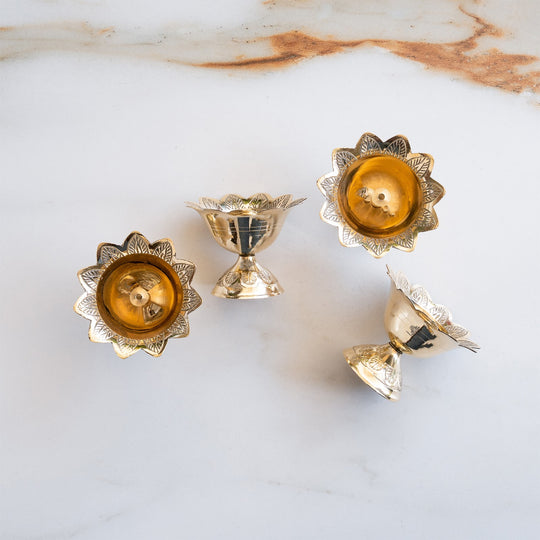 Brass Floral Diya Set of 4, Decorative Oil Lamps for Pooja