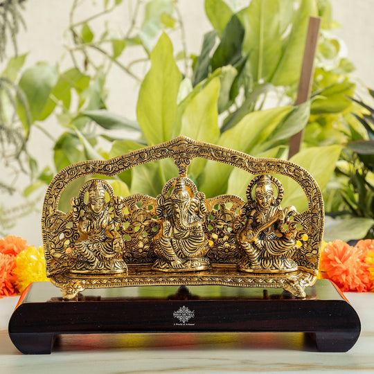Brass Finish Ganesh, Laxmi & Saraswati Idol with Velvet Gift Box