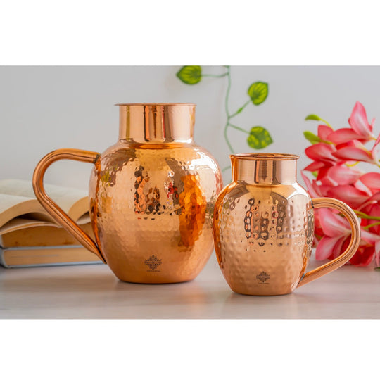 Handmade Copper Jug 1600ML Indian Art Villa Surai Style Ayurvedic Drinkware Hammered Water Pitcher